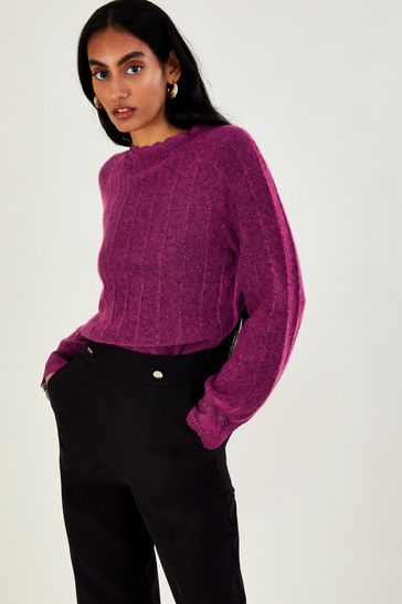 Monsoon Pink Lace Trim Jumper with Recycled Polyester