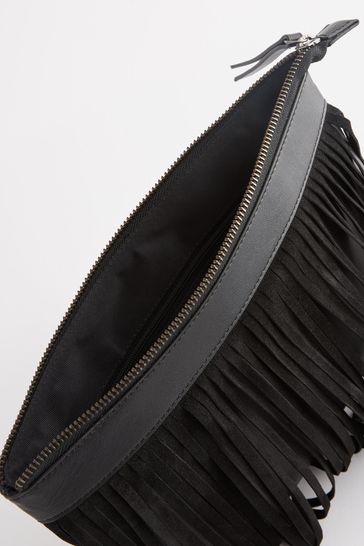 Buy Black Leather Fringe Clutch from Next Luxembourg