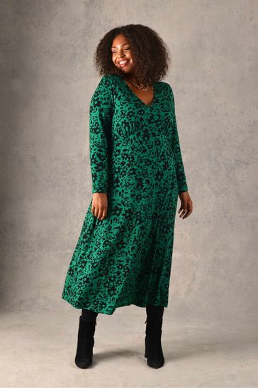 Live Unlimited Curve Green Floral Print V-Neck Jersey Midi Dress