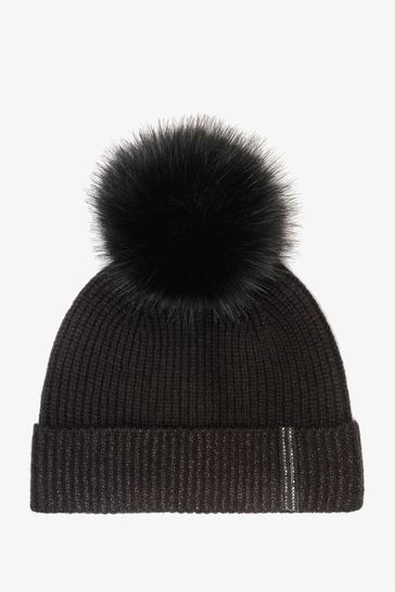 Mint Velvet Black Knit Pom Pom Beanie Hat