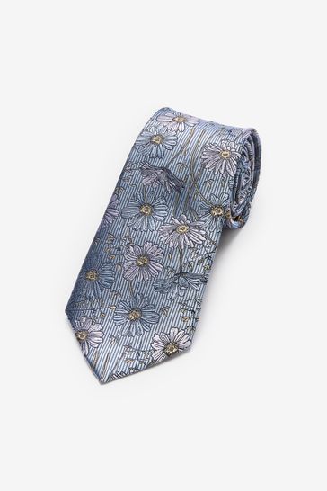 Light Blue Daisy Wide Floral Silk Pattern Tie