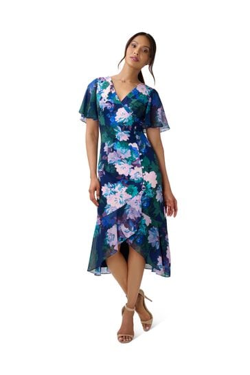 Adrianna Papell Blue Floral Print Button Dress