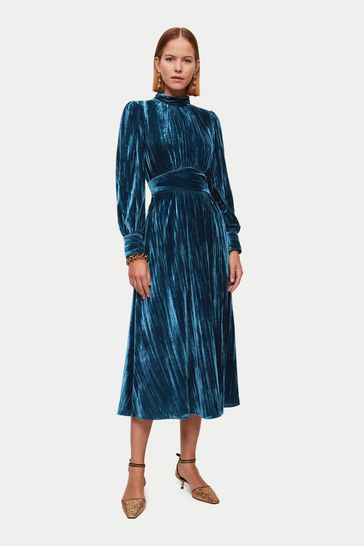 Jigsaw Blue Plisse Velvet Midi Dress