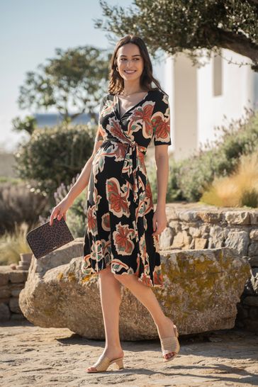 Buy Seraphine Mock Wrap Front Black A Line Dress Next