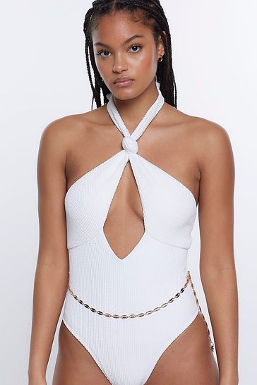 Buy River Island White Textured Knot Belted Swimsuit from Next Poland