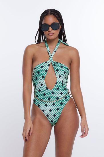 River Island Green Knot Printed Belted Swimsuit