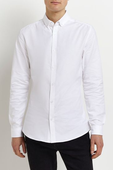 River Island White Muscle Fit Oxford Shirt