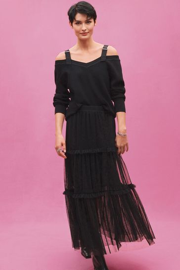 Black Tiered Black Mesh Midi Skirt