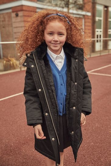 Black faux fur trim parka coat discount