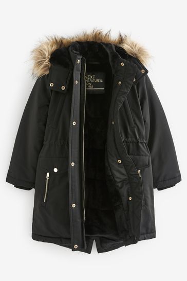 Black faux fur trim parka coat hot sale