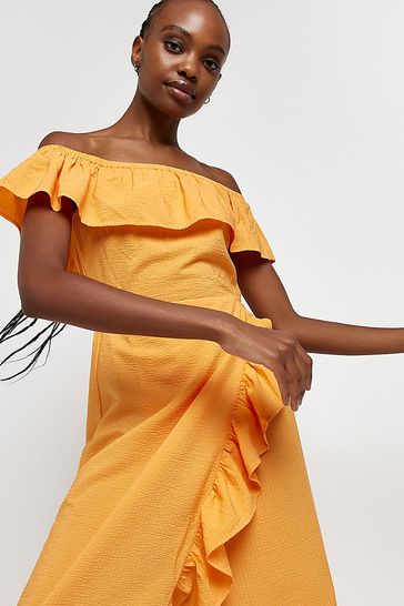 Orange bardot deals midi dress