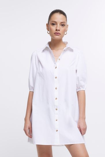 River Island White Balloon Smock Shirt Dress