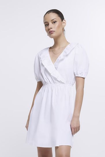 River Island White Frill Wrap Mini Dress