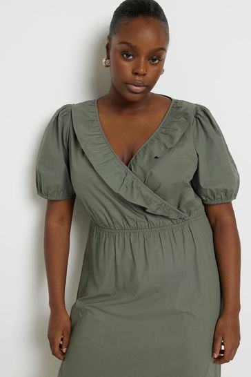 Buy River Island Plus Khaki Green Frill Wrap Midi Dress from Next
