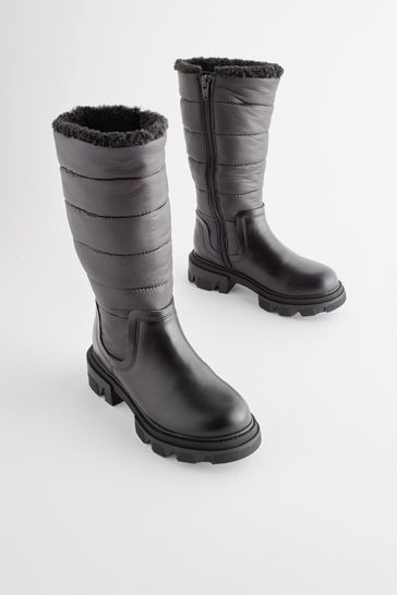 Black Quilted Warm Lined Tall Chunky Boots