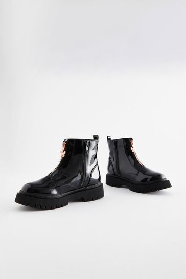 Black patent shop zip front boots