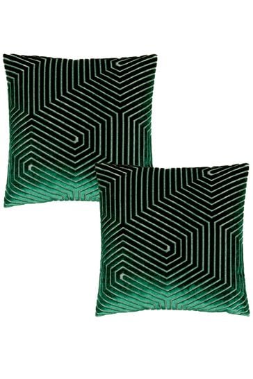 Riva Paoletti 2 Pack Green Evoke Geometric Cut Velvet Cushions