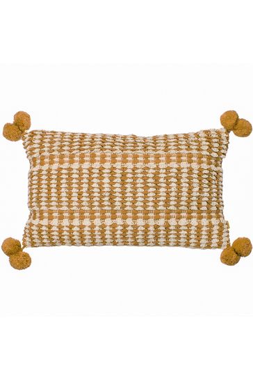furn. Yellow Ayaan Woven Loop Tufted Cotton Double Pom Pom Cushion