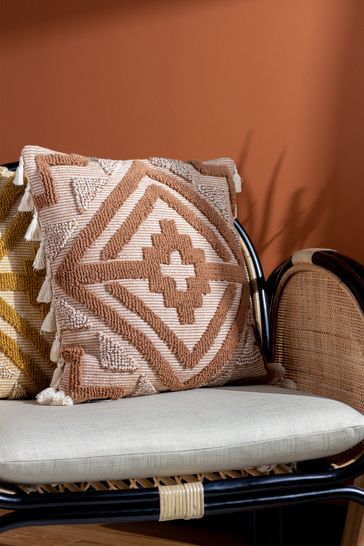 furn. Brown Kalai Geometric Tufted Woven Cotton Cushion