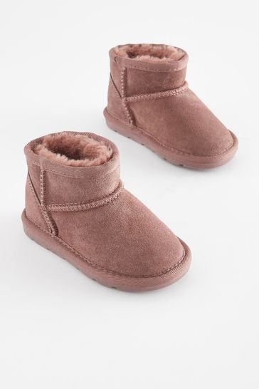 Dark Rose Pink Suede Mini Faux Fur Lined Water Repellent Pull On Suede Boots