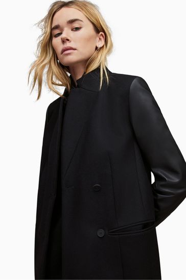 All saints top black wool coat
