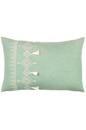 furn. Green Pritta Cotton Embroidered Tasselled Cushion