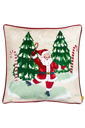 furn. Natural Jolly Santa Let It Snow Printed Piped Velvet Cushion