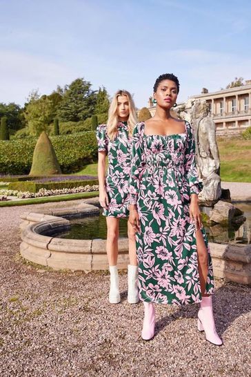 Buy Another Sunday Long Sleeved Floral Satin Midi Dress With Tie Back In Green from Next Denmark