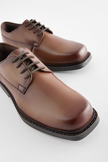 Tan Brown Leather Square Toe Shoes