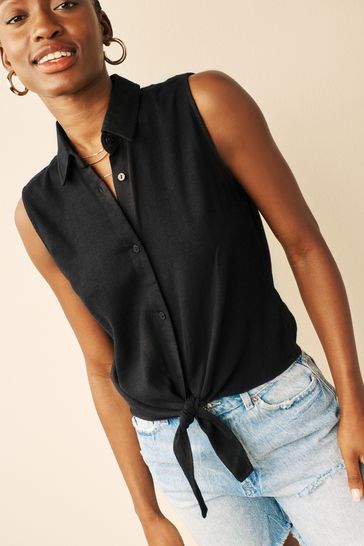 Buy Black Linen Blend Tie Waist Sleeveless Collared Shirt from