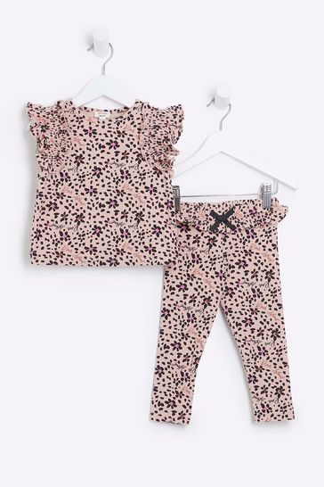 River Island Girls Brown Floral Rib Set