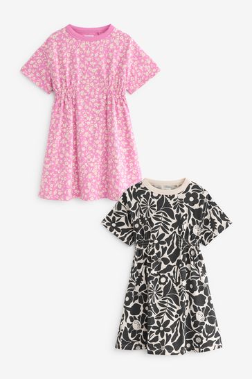 Black/ White /Pink Floral Print Short Sleeve Dresses 2 Pack (3-16yrs)