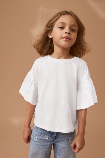 White Textured Frill Sleeve T-Shirt (3-16yrs)