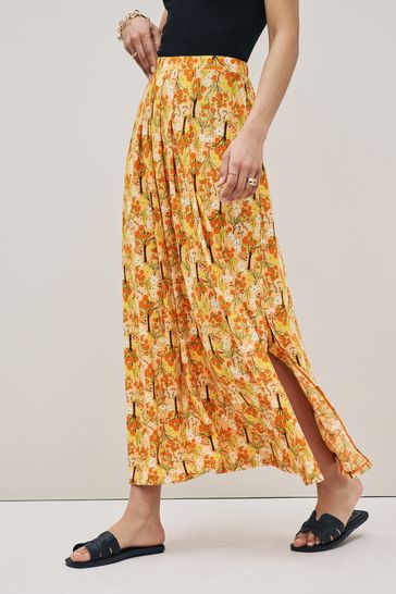 Orange Ditsy Pleat Front Detail Maxi Skirt