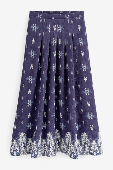 Blue Border Print Pleat Front Detail Maxi Skirt