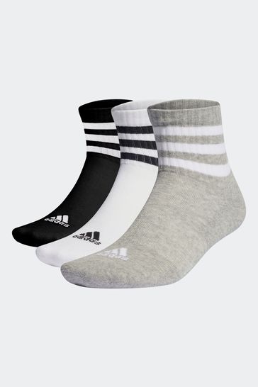 adidas Grey Performance 3-Stripes Cushioned Sportswear Mid-Cut Socks 3 Pairs