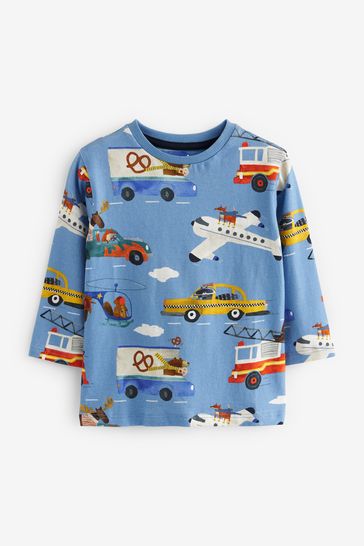 Blue Transport Long Sleeve All Over Printed T-Shirt (3mths-7yrs)