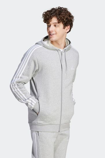 adidas Grey Sportswear Essentials Fleece 3-Stripes Full-Zip Hoodie