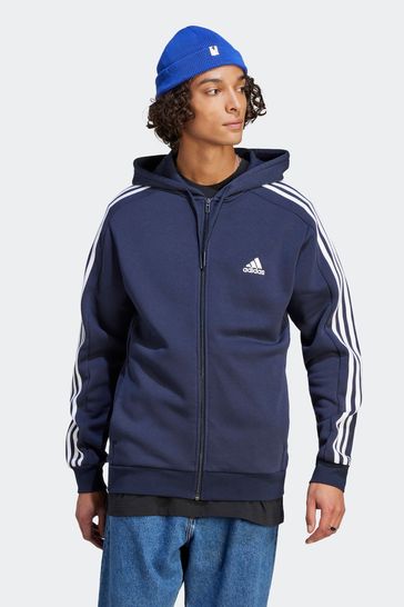 adidas Blue Essentials Fleece 3-Stripes Full Zip Hoodie