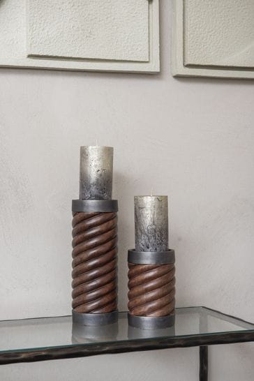 Libra Natural Large Wooden Twist Pillar Candle Holder
