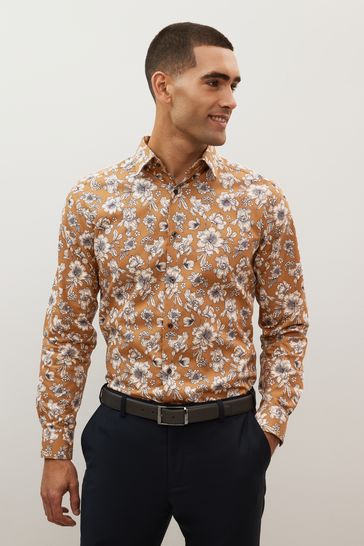 Brown Floral Regular Fit Printed Trimmed Shirt