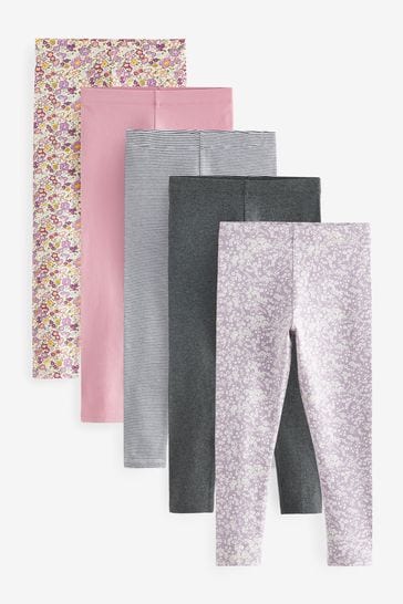Pink/Charcoal Grey Floral Print Leggings 5 Pack (3-16yrs)