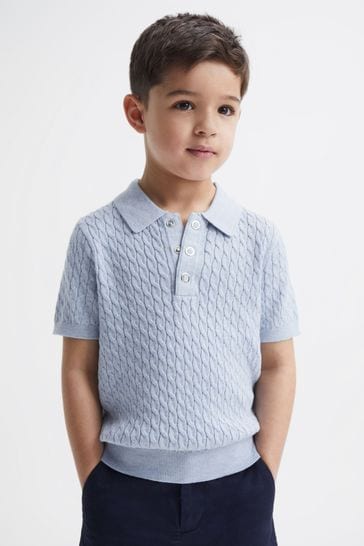 Reiss Soft Blue Melange Eli Junior Press Stud Cable Knit Polo Shirt