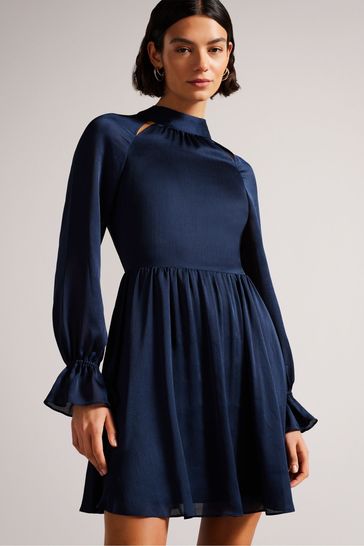 Ted Baker Ryaa Dark Blue High Neck Fit And Flare Mini Dress