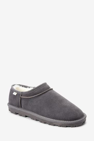 Grey Suede Faux Fur Lined Shoot Slippers