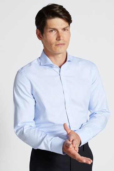 Moss Bros Slim Fit Sky Blue Prince of Wales Check Non Iron Shirt