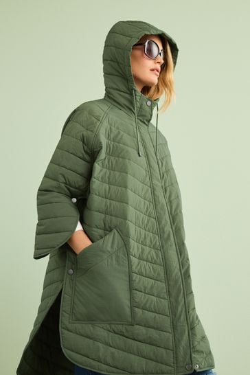 Khaki green quilted poncho cape coat