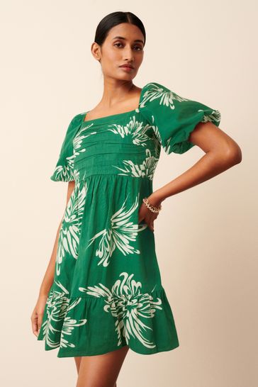 Buy Green White Floral Print Puff Sleeve Mini Smock Dress from Next Germany