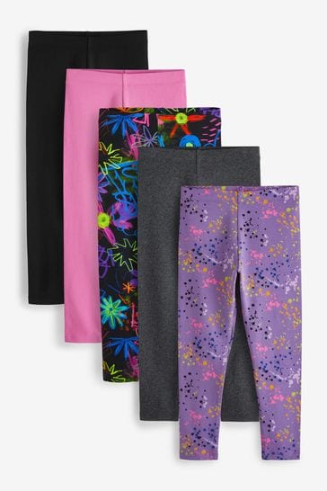 Pack de 5 leggings con estampado de grafiti de garabatos en negro/rosa/azul (3-16 años)