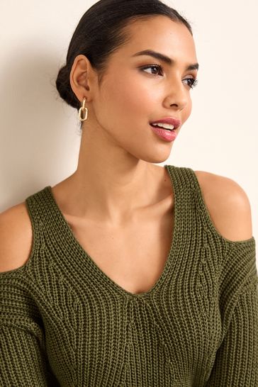 Khaki Green Cut Out Shoulder V Neck Jumper